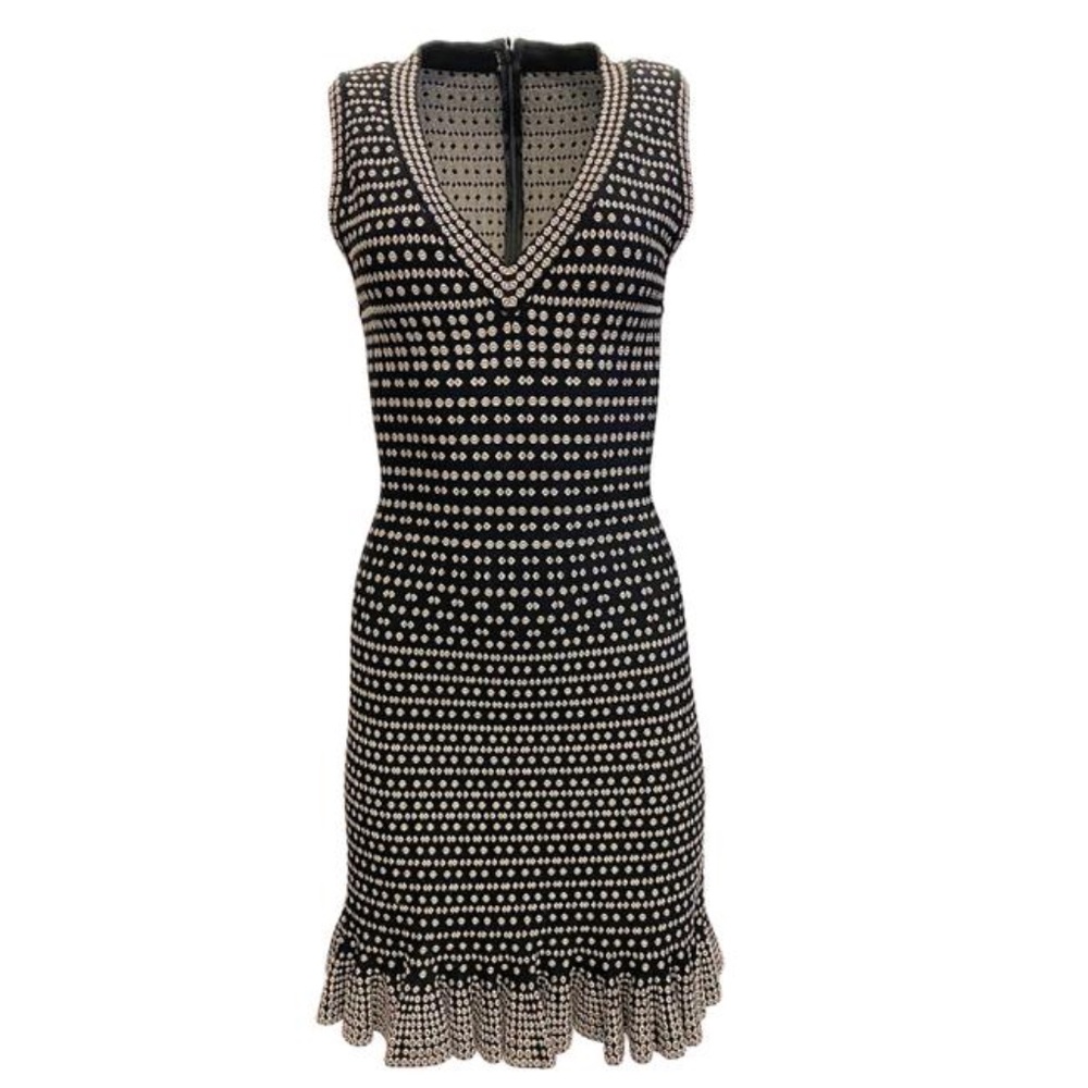 Alaïa Black and Cream Polka Dot Knit V‑Neck Dress